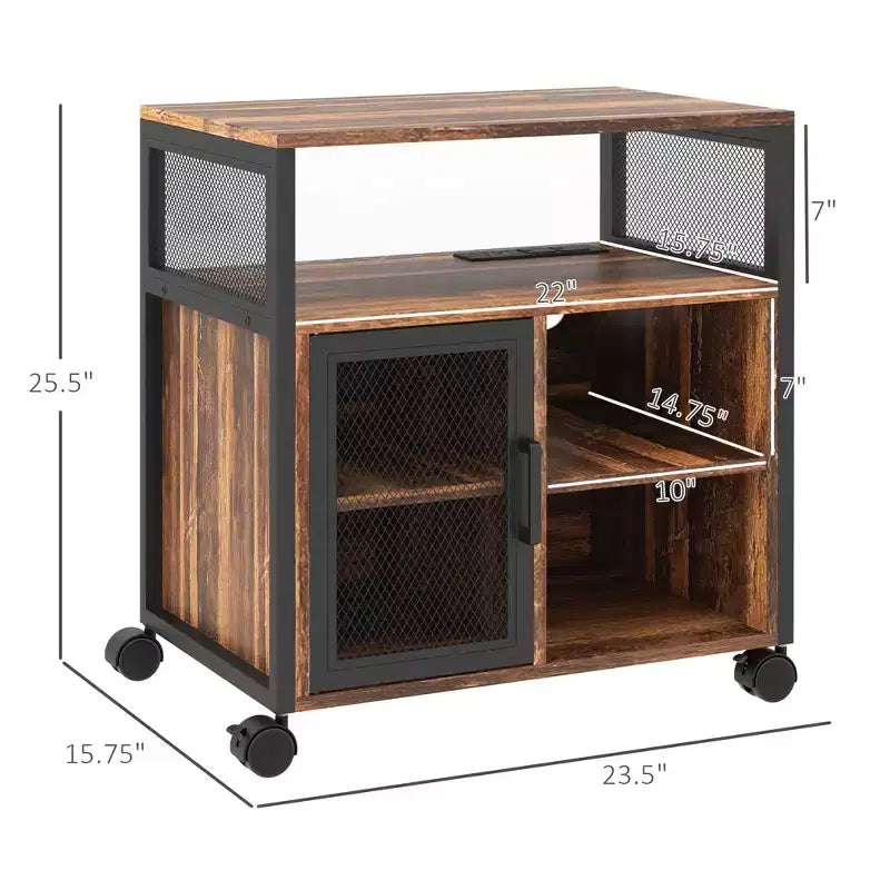 Printer Stand with Socket and USB Charging Ports, Industrial Mobile Printer Table with Storage and Wheels