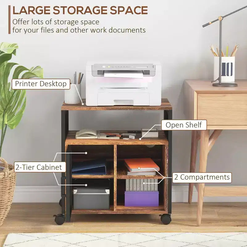Printer Stand with Socket and USB Charging Ports, Industrial Mobile Printer Table with Storage and Wheels