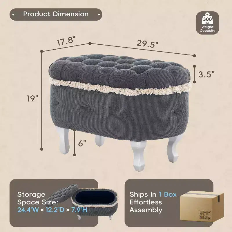 Modern Corduroy Button-Tufted Storage Bench with Hidden Compartment, Upholstered Ottoman Stool for Bedroom, Entryway