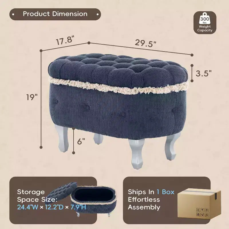 Modern Corduroy Button-Tufted Storage Bench with Hidden Compartment, Upholstered Ottoman Stool for Bedroom, Entryway