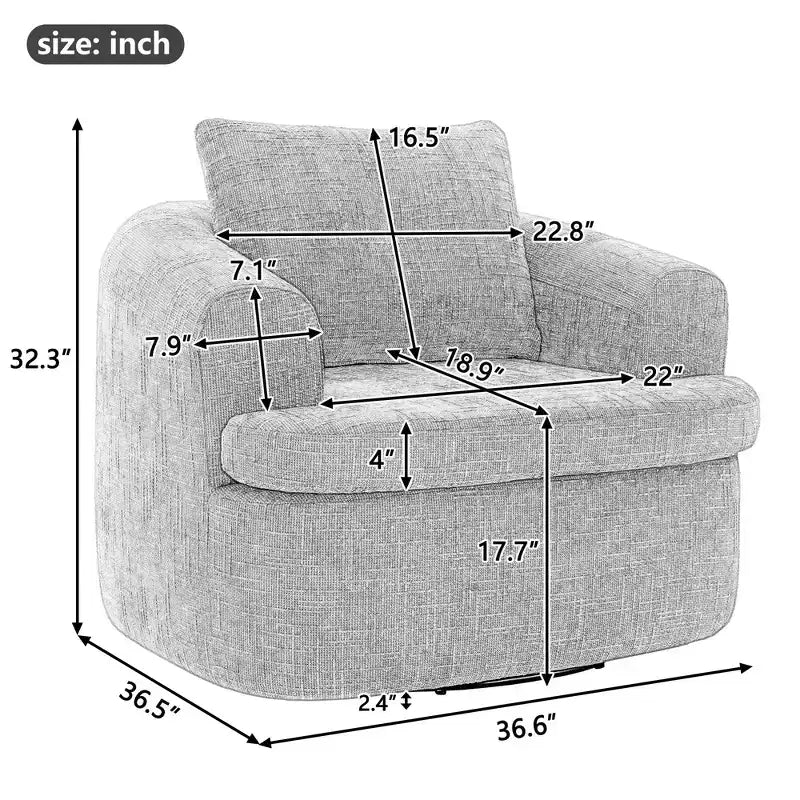 Lounge Chair, Swivel Barrel Sofa Chair with Dual-Layer Cushion, 250lbs Capacity, 36.6 Round Chenille Accent Chair for Living Room, Office