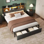 Modern Queen Bed Frame With Charging Station LED Lights Upholstered Storage Headboard Shelf Under Bed Drawers Metal Platform No Box Spring Needed