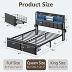 Modern Queen Bed Frame With Charging Station LED Lights Upholstered Storage Headboard Shelf Under Bed Drawers Metal Platform No Box Spring Needed