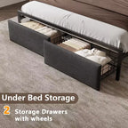 Modern Queen Bed Frame With Charging Station LED Lights Upholstered Storage Headboard Shelf Under Bed Drawers Metal Platform No Box Spring Needed