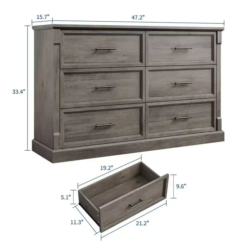 Brown 6 Drawer Dresser for Bedroom, Farmhouse Large Double Chest of Drawers with Metal Handles, Rustic Wooden Dresser for Living Room, Hallway
