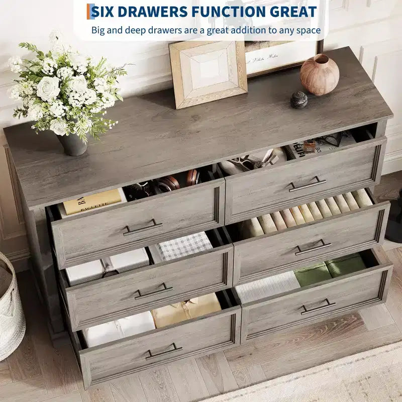 Brown 6 Drawer Dresser for Bedroom, Farmhouse Large Double Chest of Drawers with Metal Handles, Rustic Wooden Dresser for Living Room, Hallway
