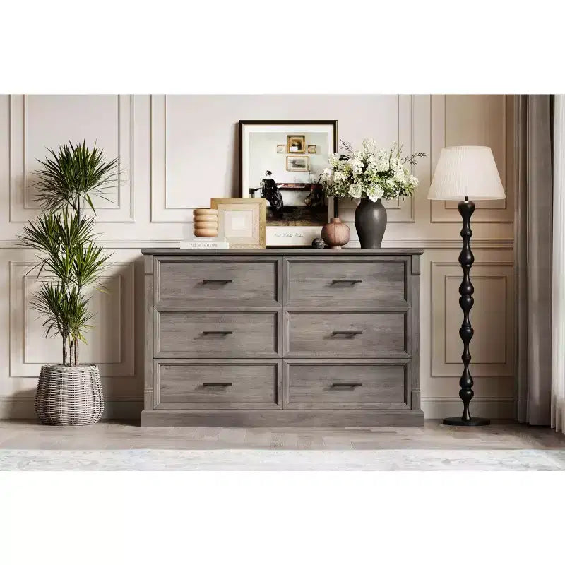 Brown 6 Drawer Dresser for Bedroom, Farmhouse Large Double Chest of Drawers with Metal Handles, Rustic Wooden Dresser for Living Room, Hallway