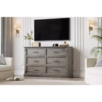 Brown 6 Drawer Dresser for Bedroom, Farmhouse Large Double Chest of Drawers with Metal Handles, Rustic Wooden Dresser for Living Room, Hallway
