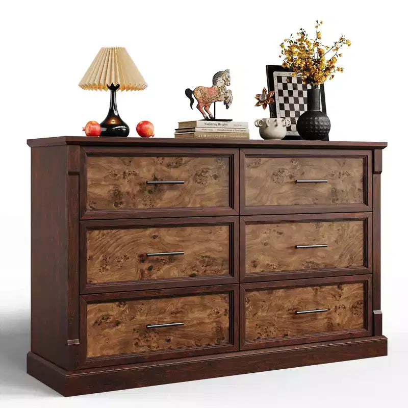Brown 6 Drawer Dresser for Bedroom, Farmhouse Large Double Chest of Drawers with Metal Handles, Rustic Wooden Dresser for Living Room, Hallway
