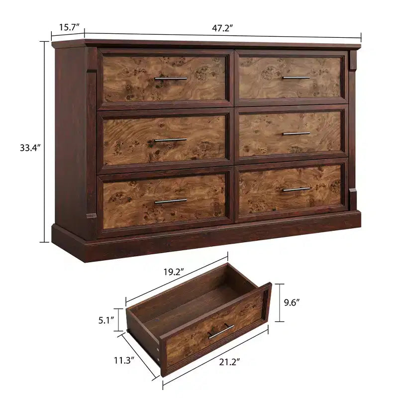 Brown 6 Drawer Dresser for Bedroom, Farmhouse Large Double Chest of Drawers with Metal Handles, Rustic Wooden Dresser for Living Room, Hallway