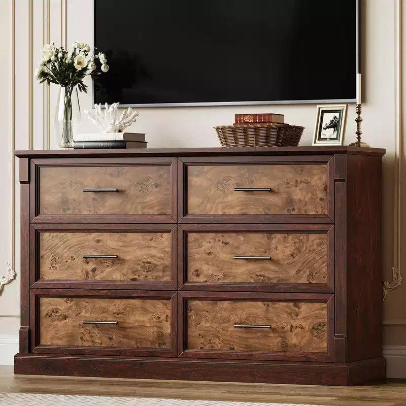 Brown 6 Drawer Dresser for Bedroom, Farmhouse Large Double Chest of Drawers with Metal Handles, Rustic Wooden Dresser for Living Room, Hallway