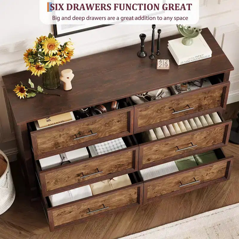 Brown 6 Drawer Dresser for Bedroom, Farmhouse Large Double Chest of Drawers with Metal Handles, Rustic Wooden Dresser for Living Room, Hallway