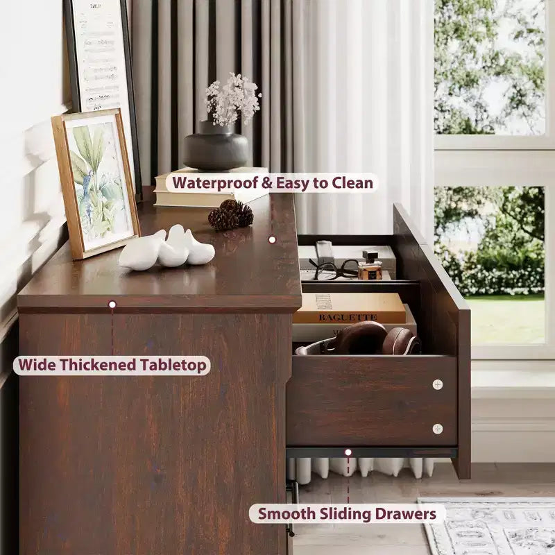 Brown 6 Drawer Dresser for Bedroom, Farmhouse Large Double Chest of Drawers with Metal Handles, Rustic Wooden Dresser for Living Room, Hallway