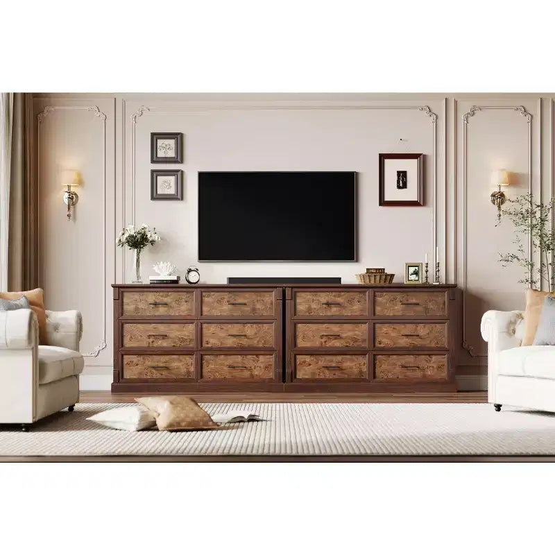 Brown 6 Drawer Dresser for Bedroom, Farmhouse Large Double Chest of Drawers with Metal Handles, Rustic Wooden Dresser for Living Room, Hallway