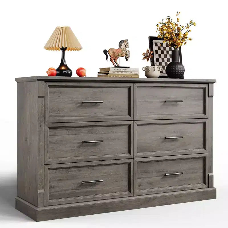 Brown 6 Drawer Dresser for Bedroom, Farmhouse Large Double Chest of Drawers with Metal Handles, Rustic Wooden Dresser for Living Room, Hallway