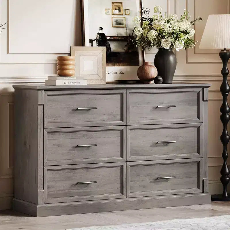 Brown 6 Drawer Dresser for Bedroom, Farmhouse Large Double Chest of Drawers with Metal Handles, Rustic Wooden Dresser for Living Room, Hallway