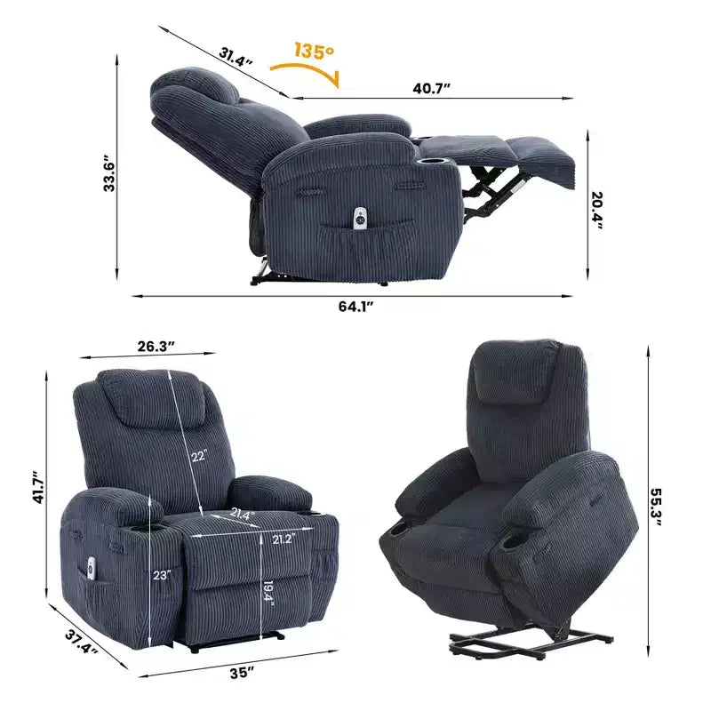 Electric Lift Recliner with Massage & Heat, 155 Adjustable Corduroy Sofa, Stand Assist, Side Pockets & Cup Holders for Elderly, Grey
