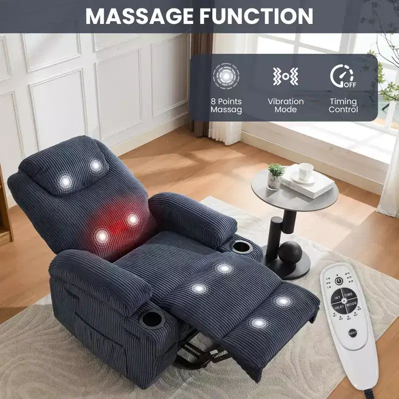 Electric Lift Recliner with Massage & Heat, 155 Adjustable Corduroy Sofa, Stand Assist, Side Pockets & Cup Holders for Elderly, Grey