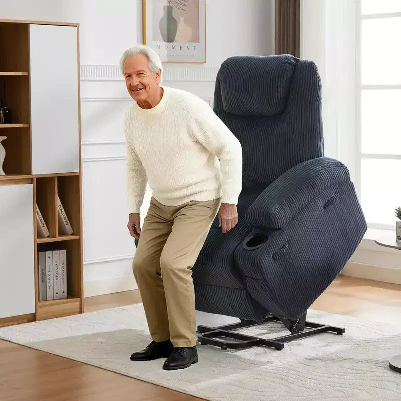 Electric Lift Recliner with Massage & Heat, 155 Adjustable Corduroy Sofa, Stand Assist, Side Pockets & Cup Holders for Elderly, Grey