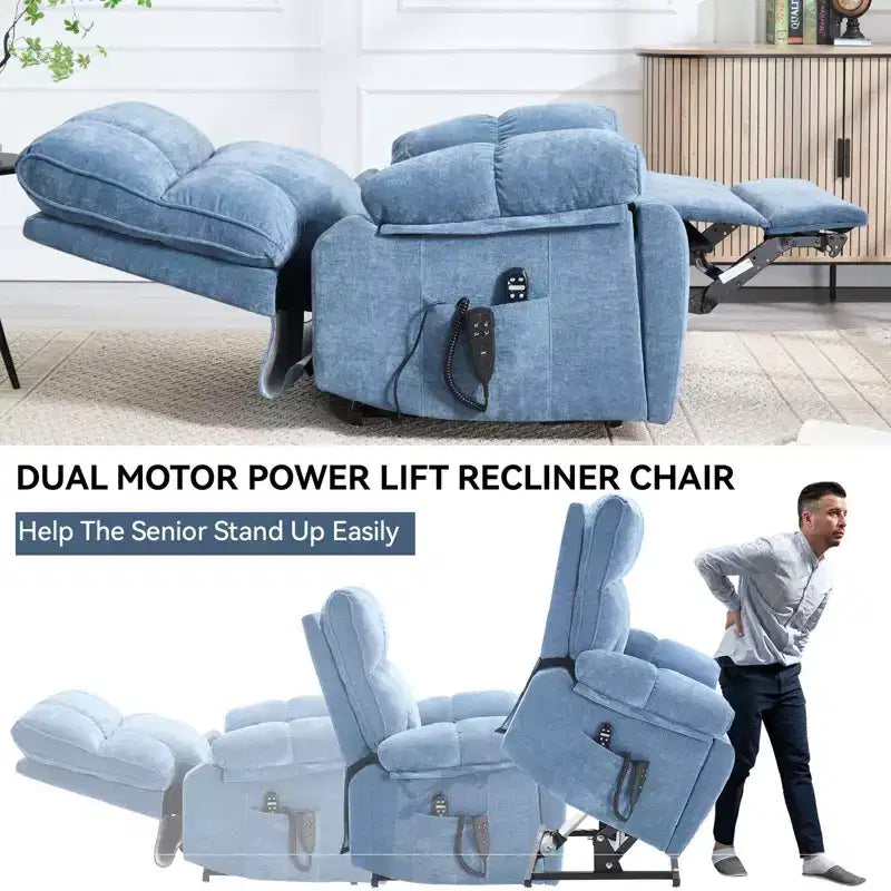 Beige Chenille Heat Massage Dual Motor Infinite Position Up to 350 LBS Large Electric Power Lift Recliners with Hidden Cup Holders