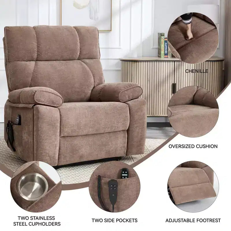 Beige Chenille Heat Massage Dual Motor Infinite Position Up to 350 LBS Large Electric Power Lift Recliners with Hidden Cup Holders