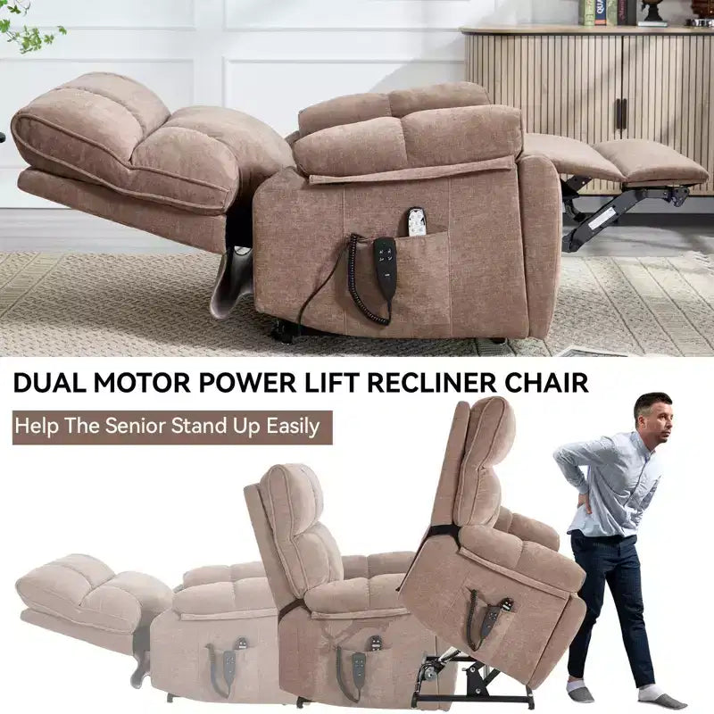 Beige Chenille Heat Massage Dual Motor Infinite Position Up to 350 LBS Large Electric Power Lift Recliners with Hidden Cup Holders