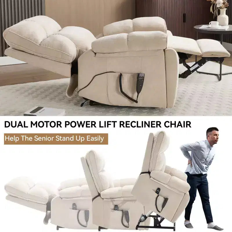 Beige Chenille Heat Massage Dual Motor Infinite Position Up to 350 LBS Large Electric Power Lift Recliners with Hidden Cup Holders