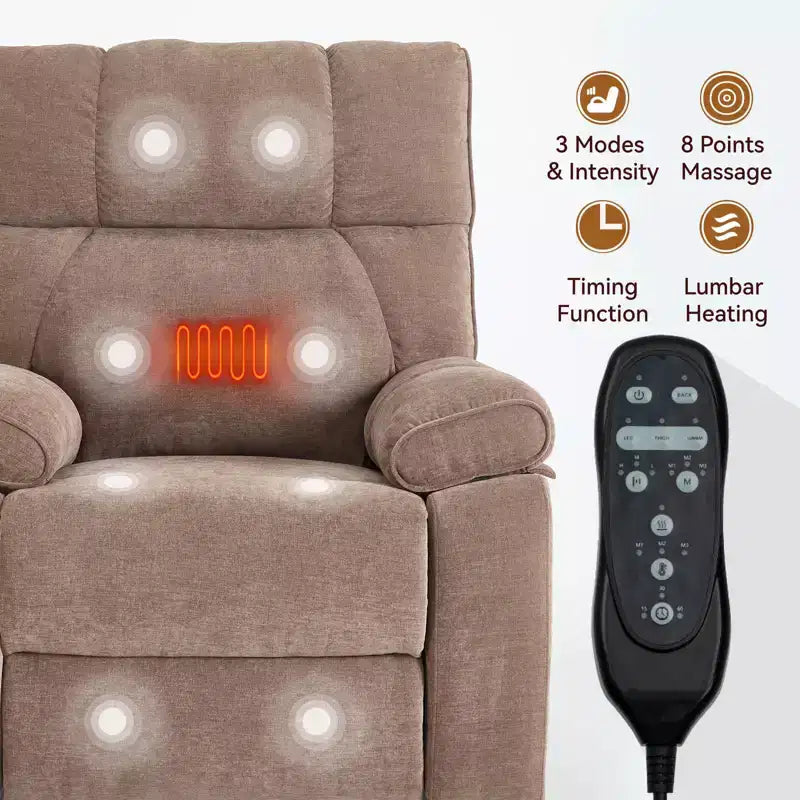 Beige Chenille Heat Massage Dual Motor Infinite Position Up to 350 LBS Large Electric Power Lift Recliners with Hidden Cup Holders