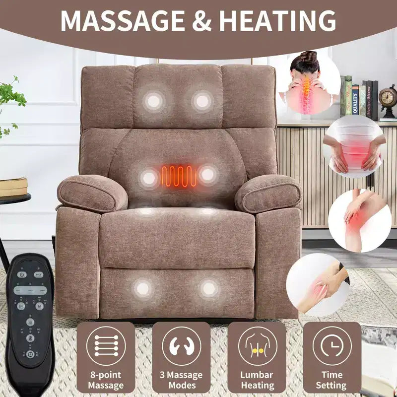 Beige Chenille Heat Massage Dual Motor Infinite Position Up to 350 LBS Large Electric Power Lift Recliners with Hidden Cup Holders