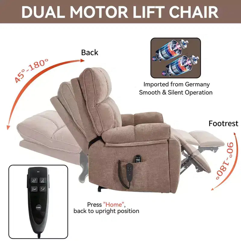 Beige Chenille Heat Massage Dual Motor Infinite Position Up to 350 LBS Large Electric Power Lift Recliners with Hidden Cup Holders