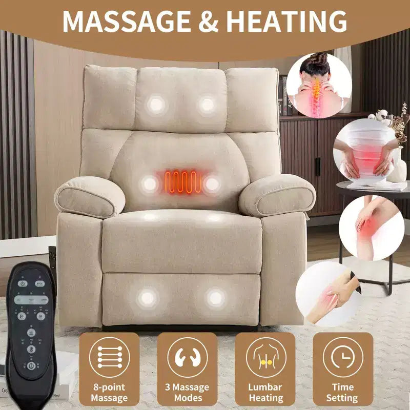 Beige Chenille Heat Massage Dual Motor Infinite Position Up to 350 LBS Large Electric Power Lift Recliners with Hidden Cup Holders