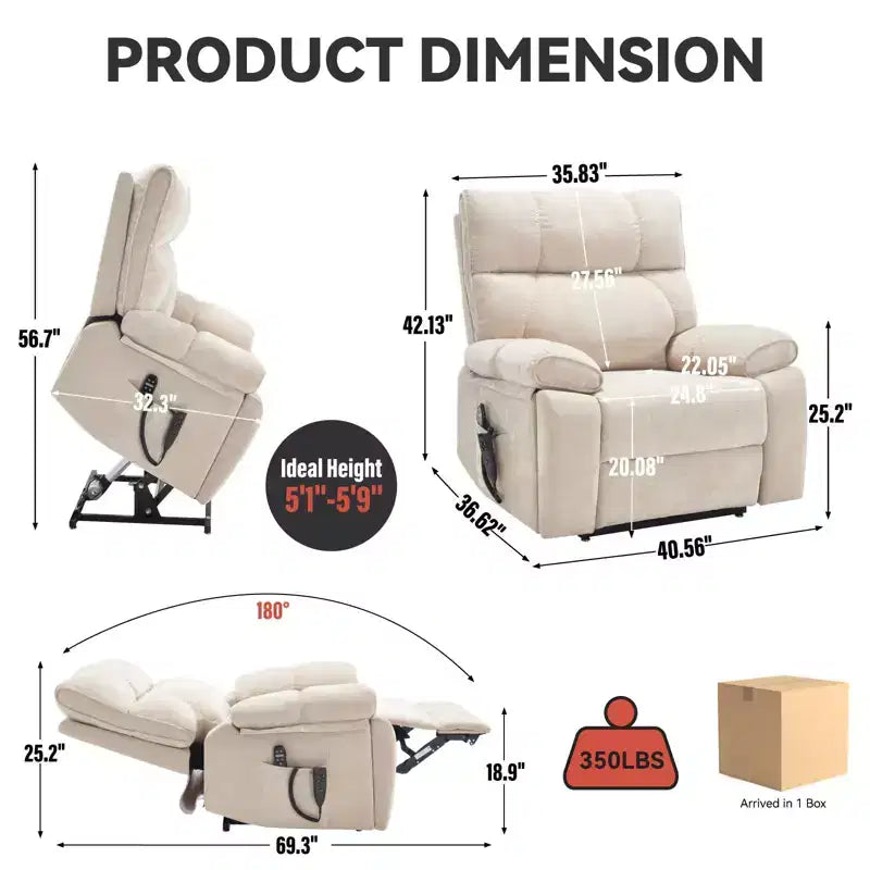 Beige Chenille Heat Massage Dual Motor Infinite Position Up to 350 LBS Large Electric Power Lift Recliners with Hidden Cup Holders