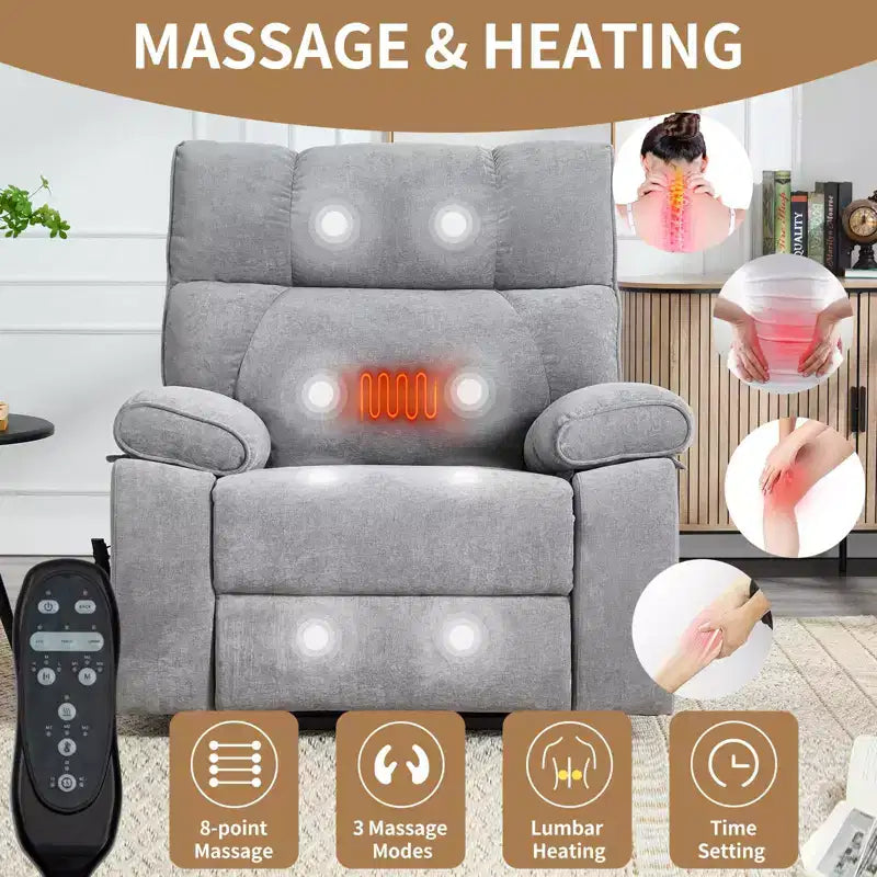 Beige Chenille Heat Massage Dual Motor Infinite Position Up to 350 LBS Large Electric Power Lift Recliners with Hidden Cup Holders