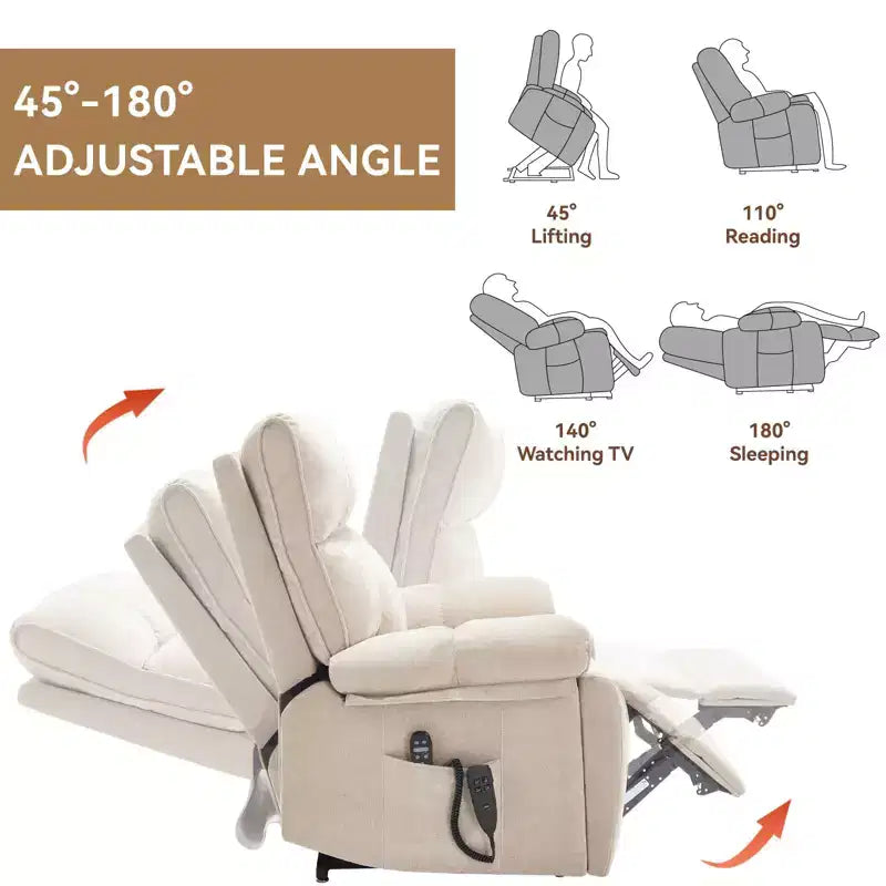 Beige Chenille Heat Massage Dual Motor Infinite Position Up to 350 LBS Large Electric Power Lift Recliners with Hidden Cup Holders