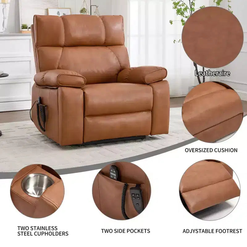 Beige Chenille Heat Massage Dual Motor Infinite Position Up to 350 LBS Large Electric Power Lift Recliners with Hidden Cup Holders
