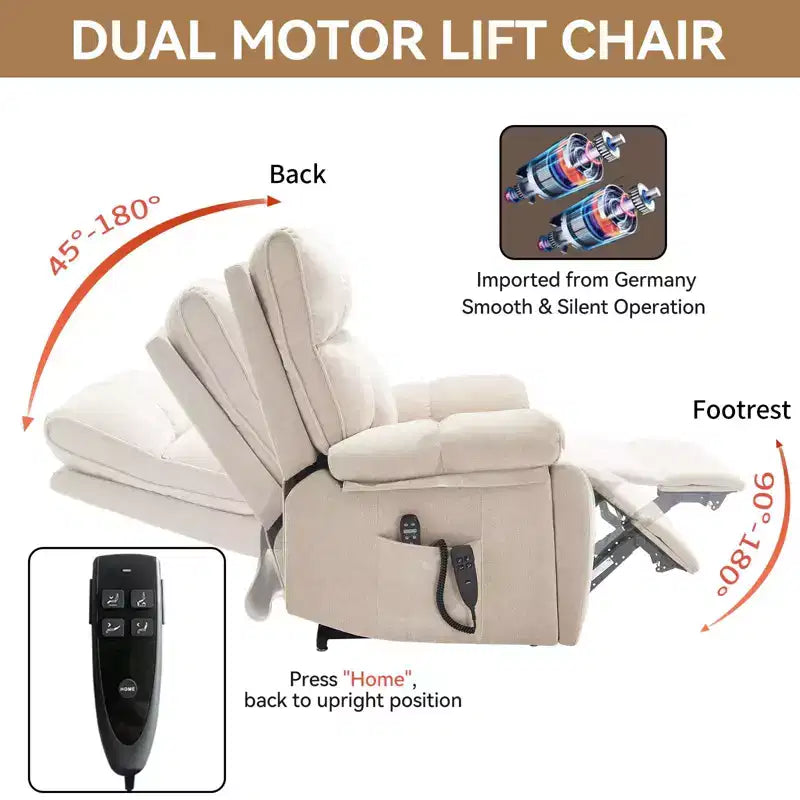 Beige Chenille Heat Massage Dual Motor Infinite Position Up to 350 LBS Large Electric Power Lift Recliners with Hidden Cup Holders