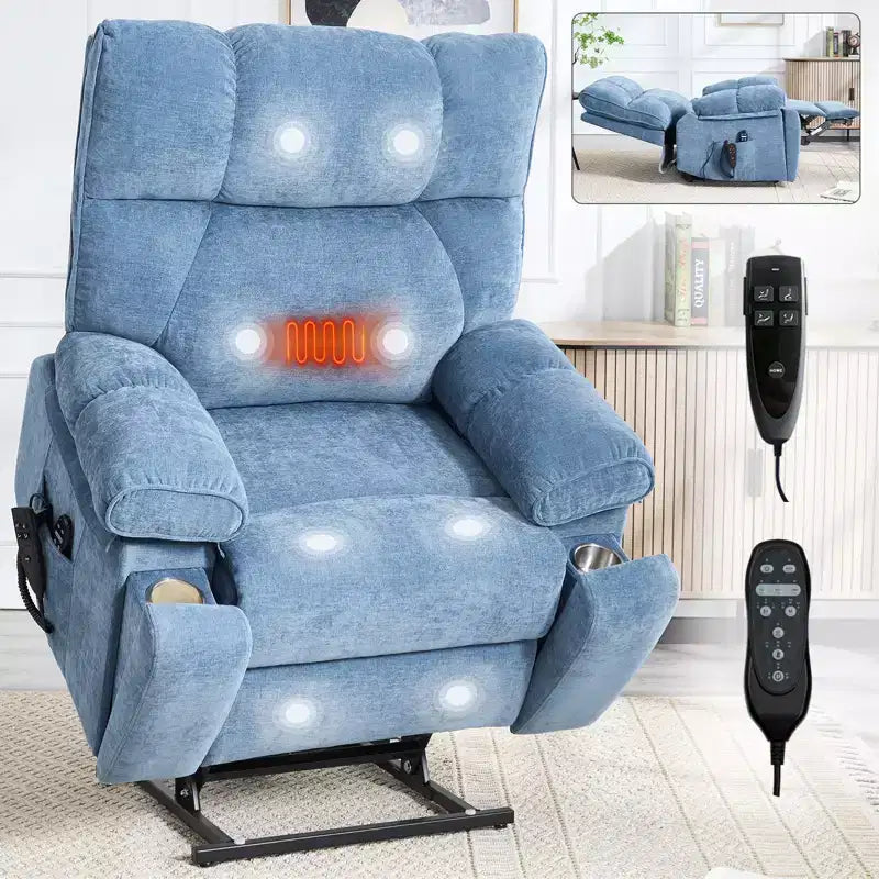 Beige Chenille Heat Massage Dual Motor Infinite Position Up to 350 LBS Large Electric Power Lift Recliners with Hidden Cup Holders