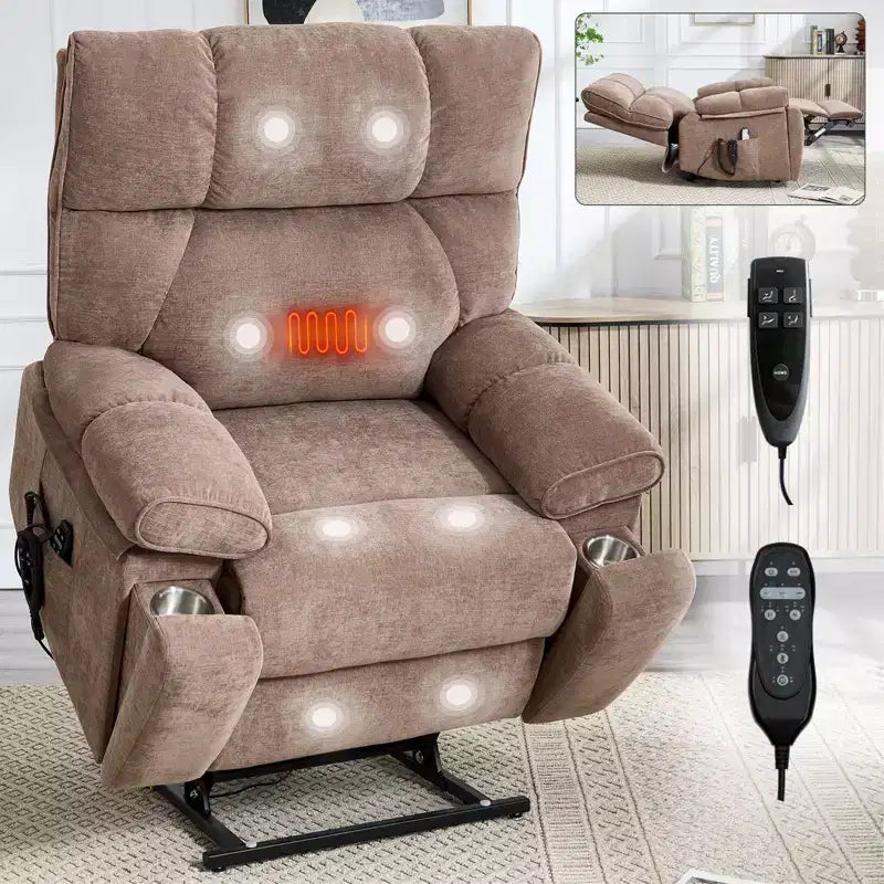 Beige Chenille Heat Massage Dual Motor Infinite Position Up to 350 LBS Large Electric Power Lift Recliners with Hidden Cup Holders