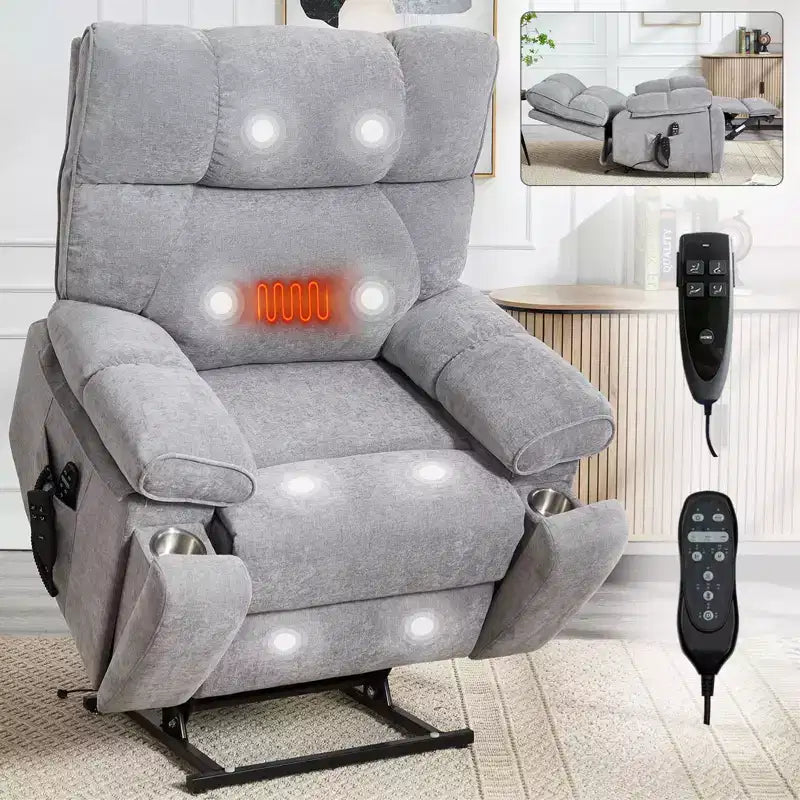 Beige Chenille Heat Massage Dual Motor Infinite Position Up to 350 LBS Large Electric Power Lift Recliners with Hidden Cup Holders