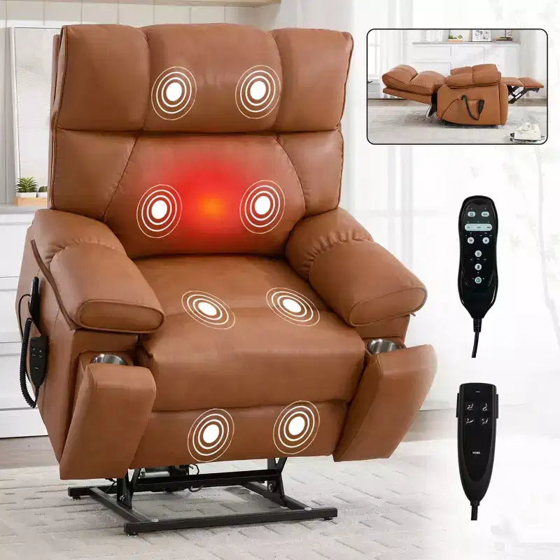 Beige Chenille Heat Massage Dual Motor Infinite Position Up to 350 LBS Large Electric Power Lift Recliners with Hidden Cup Holders
