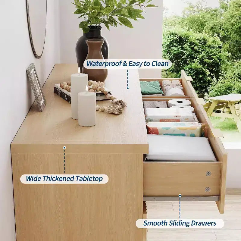 47-inch Drawer Bedroom Dressing Table, Medieval Modern Golden Handle Dressing Table, Grooved Dressing Cabinet, Oak Storage Cabinet
