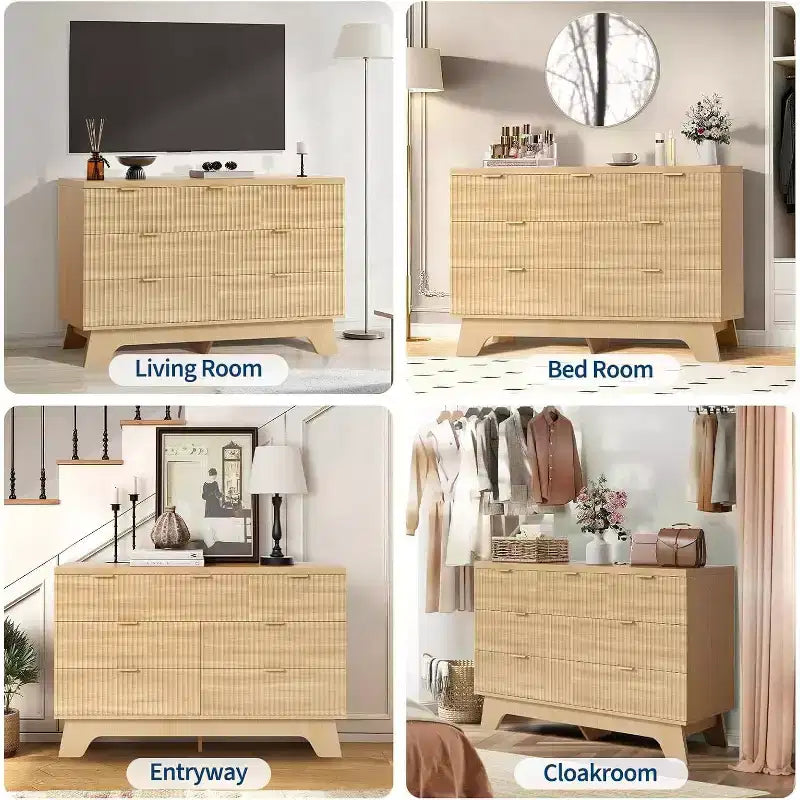 47-inch Drawer Bedroom Dressing Table, Medieval Modern Golden Handle Dressing Table, Grooved Dressing Cabinet, Oak Storage Cabinet