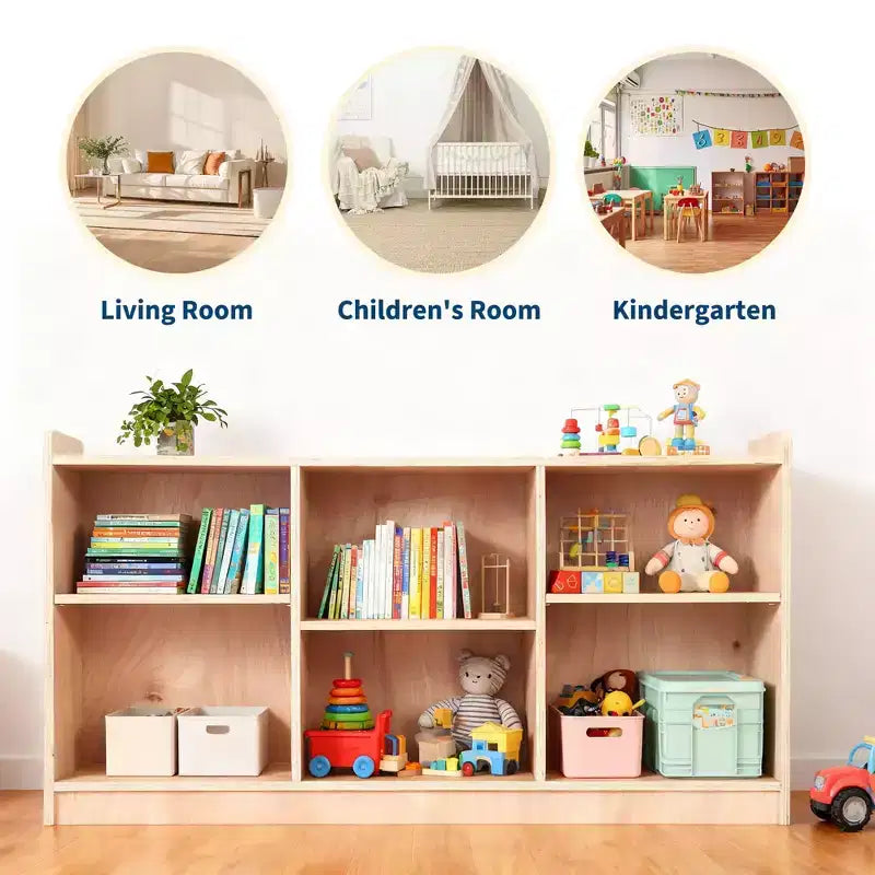 Wooden Storage Shelf, 5-Compartment Toy & Book Organizer with Adjustable Dividers, Natural Finish Kids' Bookcase for Playroom