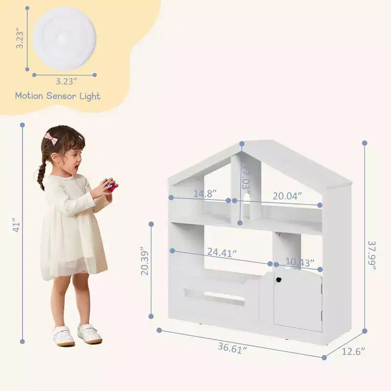 2-Tier Kids Bookshelf with Motion Sensor Light - Wooden Book Shelf, Toy Storage Organizer, Book Rack for Kids Rooms, Classroom, Playing Room