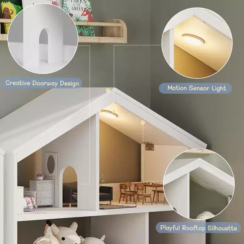 2-Tier Kids Bookshelf with Motion Sensor Light - Wooden Book Shelf, Toy Storage Organizer, Book Rack for Kids Rooms, Classroom, Playing Room