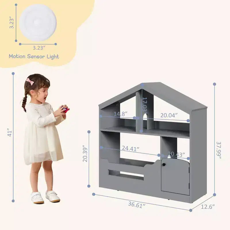 2-Tier Kids Bookshelf with Motion Sensor Light - Wooden Book Shelf, Toy Storage Organizer, Book Rack for Kids Rooms, Classroom, Playing Room