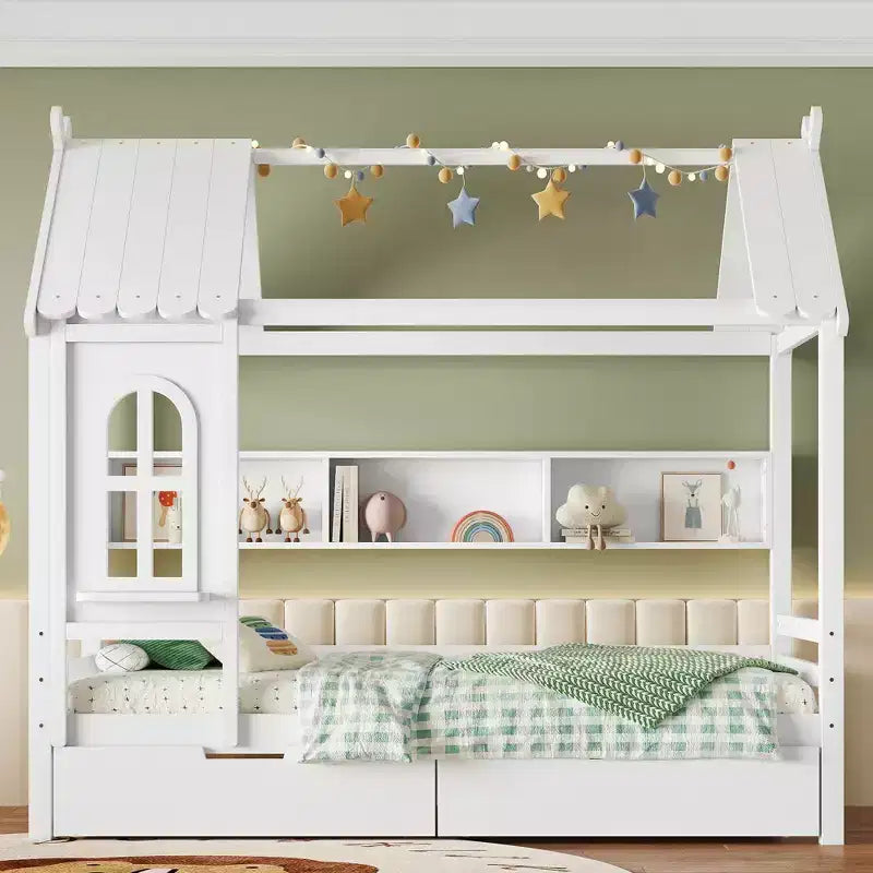 Twin/Full House Bed Solid Wood Platform Bed Frame with Storage Drawers/Shelves, Childlike Window Design