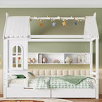 Twin/Full House Bed Solid Wood Platform Bed Frame with Storage Drawers/Shelves, Childlike Window Design