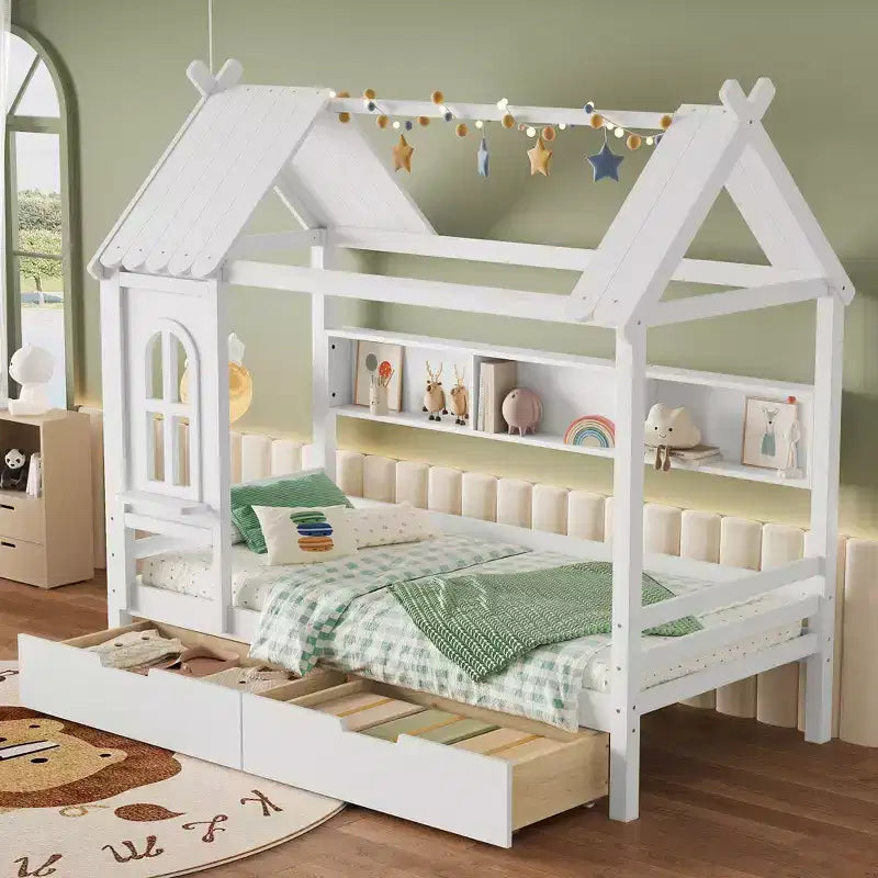 Twin/Full House Bed Solid Wood Platform Bed Frame with Storage Drawers/Shelves, Childlike Window Design
