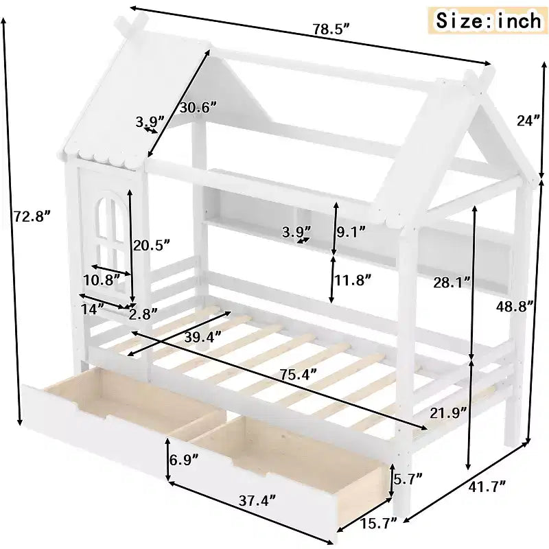 Twin/Full House Bed Solid Wood Platform Bed Frame with Storage Drawers/Shelves, Childlike Window Design